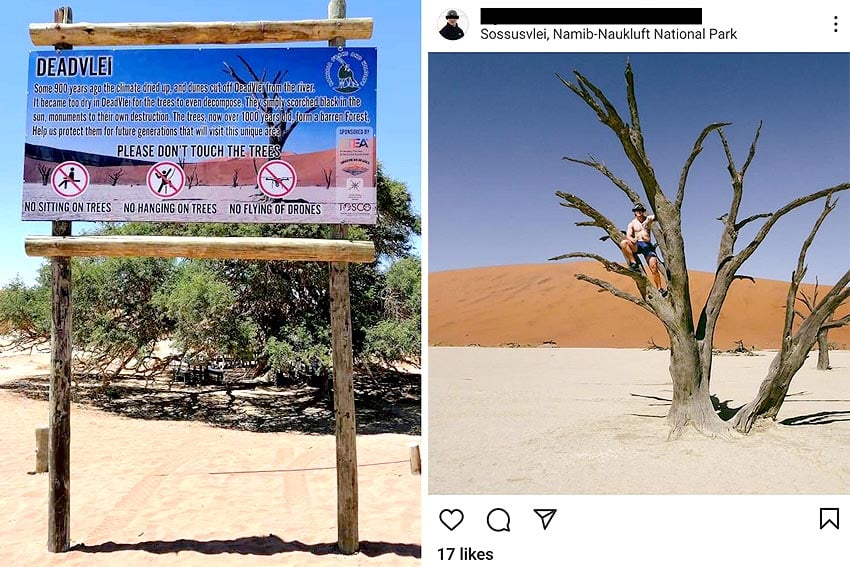 Sign entrance Dead Vlei asking to refrain from climbing dead trees like thoughtless influencer Images Kenneth Nependa ETEA Screenshot Instagram post from February 2022