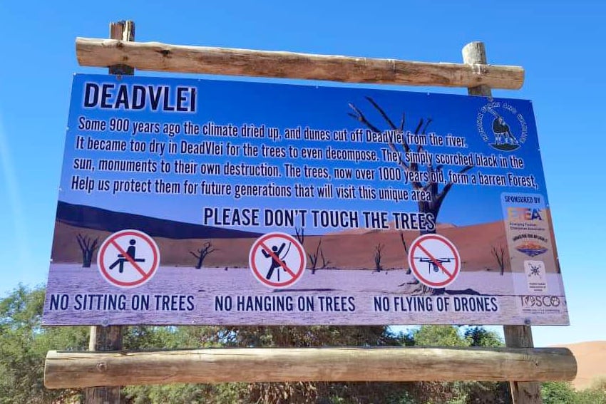 Please do not touch dead trees One of new signs for visitors at Dead Vlei and Sossusvlei Photo Kenneth Nependa ETEA