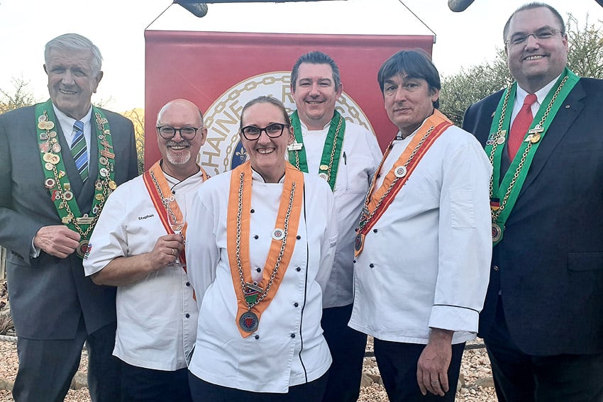 Meeting Chaînes des Rôtisseurs Germany Namibia ltr Burchard Führer Bailli Honoraire Germany Stephan Hock Maître Namibia Chantel Loteryman Von Staden Chef Namibia Sean Stevenson Bailli Délégué Namibia Ralf Herrgott Maître Namibia Claas Plesch Bailli Saxony-Anhalt Photo Sven-Eric Stender