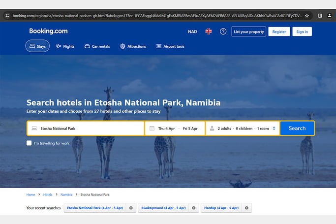 Booking Search Etosha 