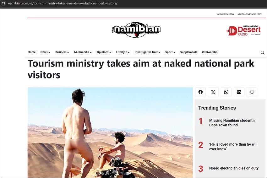 Naked in national park Report in daily newspaper The Namibian about outraged reaction of MEFT to a photo of holidaymakers sitting on the highest dune at Sossusvlei in their "birthday dress".  Screenshot: The Namibian