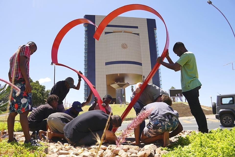 sign charity red heart frame selfies Independence Memorial Museum Windhoek Gondwana Collection