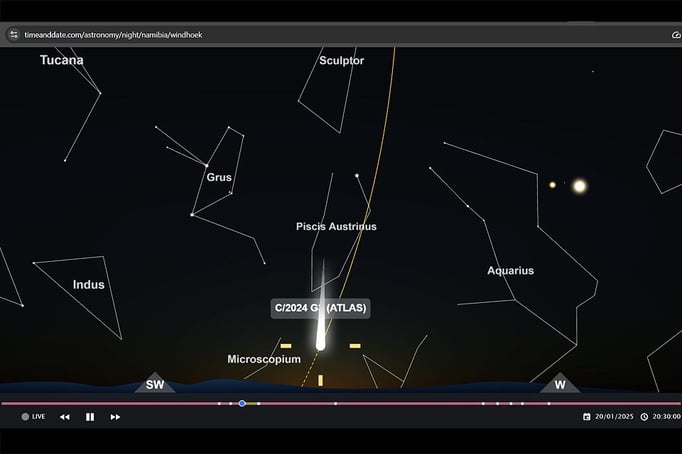 Comet C/2024 G3 ATLAS in the evening Namibia west-southwest starry sky graphic screenshot interactive star map TimeAndDate.com