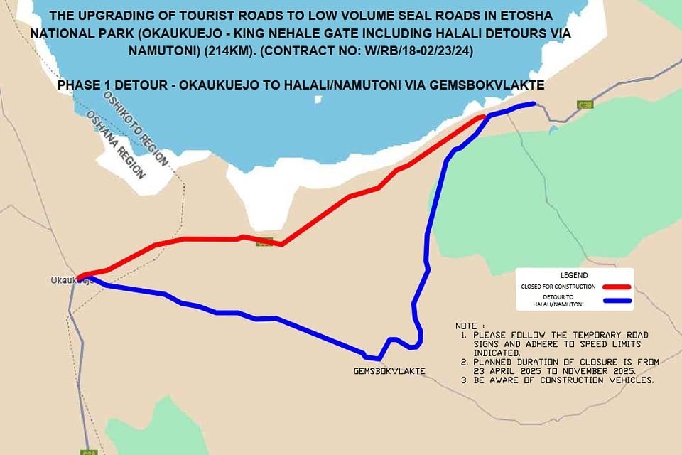 Closed road section red Diversions blue Route rest camp Okaukuejo Halali Etosha National Park North Namibia Map Ministry Environment Tourism MET