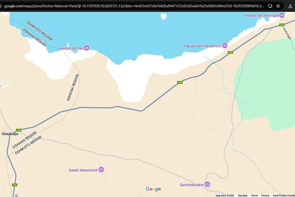 same map detail Etosha National Park north Namibia closed road section rest camp Okaukuejo waterhole Ondongab map Google Maps