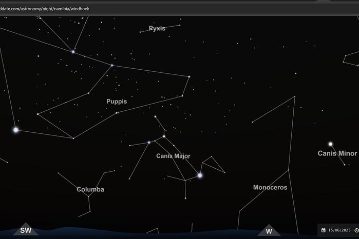 brightest stars firmament Sirius Canus major Canopus Carina left eighth brightest star Procyon canus minor evening sky 15 June 19:30 Windhoek view west-southwest Screenshot of interactive star map TimeAndDate.com