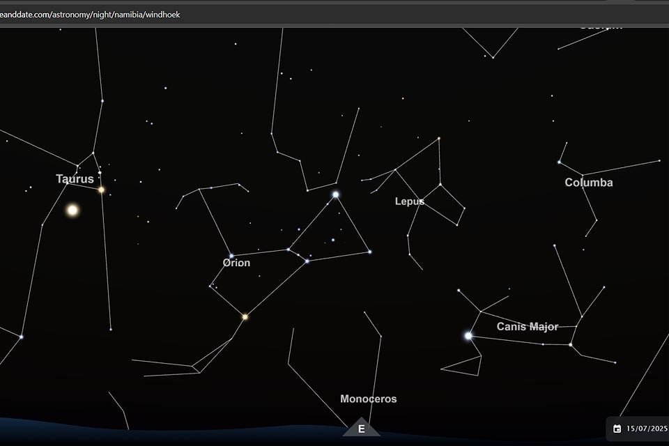 Venus Taurus Orion Dog Canis Major morning sky 15 July 6.30 a.m. Windhoek looking east Graphic Screenshot interactive star map TimeAndDate.com