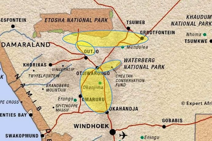 Areas in Namibia where the mysterious giraffe disease has been detected so far.  Map: May newsletter from Wildlife Vets Namibia
