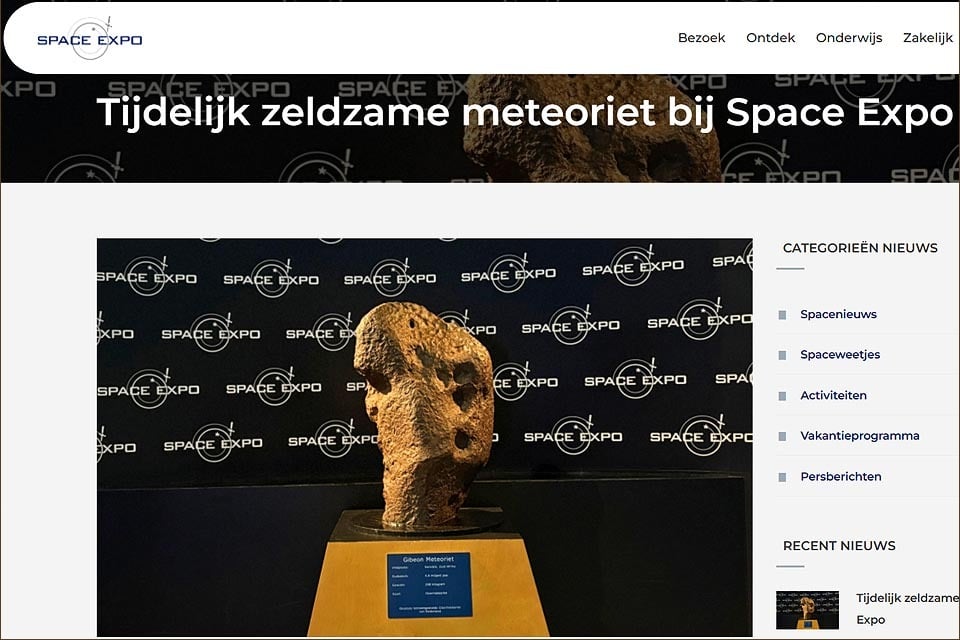 240 kg meteorite found Gibeon south-central Namibia display Space Expo Centre Noordwijk coast Holland auctioned end August Photo Screenshot