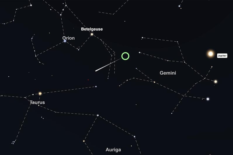Centre Orionid meteor shower between constellations Orion Gemini morning sky 22 October 5.30 a.m. seen from Windhoek looking north-north-west Graphic Screenshot interactive star map TimeAndDate.com