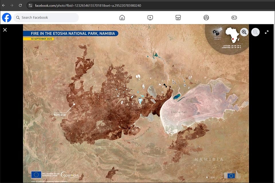 25-10-07 Etosha wildfire satellite photo - FB Copernicus EU 25-10-02 Screenshot 960 x 640_max960x960