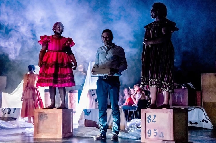 Hermann warehouse Berlin artifact from Namibia Scene from German-Namibian musical theater production People of Song Photo Michael Nakapandi