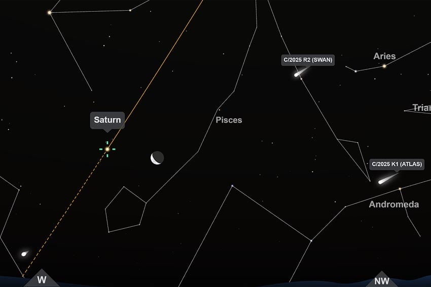 Saturn Moon comets C2025 R2 SWAN C2025 K1 ATLAS evening sky 23 January 2026 9.15 p.m. Windhoek looking west-northwest Image Screenshot interactive star chart TimeAndDate.com