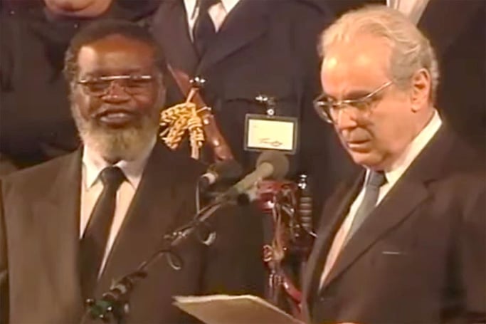 Namibia President Sam Nujoma swearing-in ceremony UN Secretary-General PÃ©rez de Cuellar Independence Stadium Windhoek 21 March 1990 NBC recording