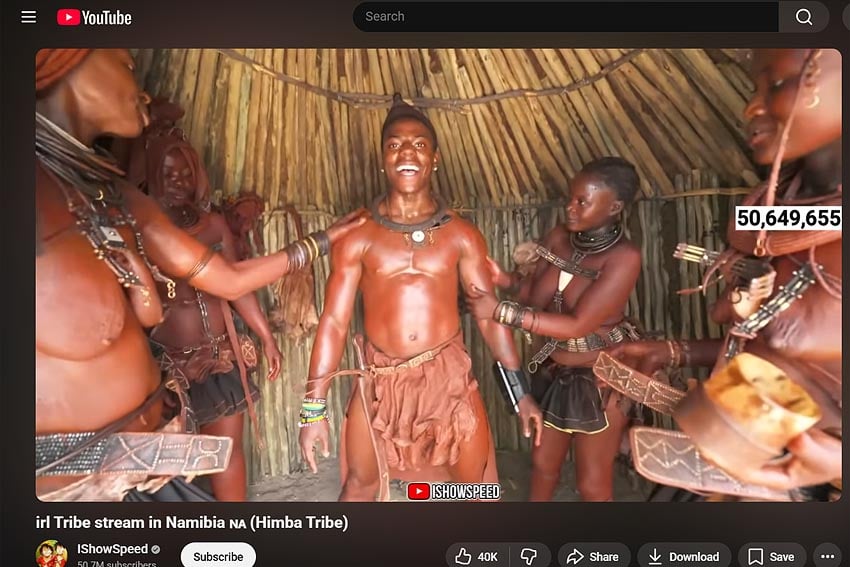 Himba women apply the traditional thick skin cream of ghee and ochre powder to IShowSpeed's body. Photo: Screenshot of the IShowSpeed stream on YouTube