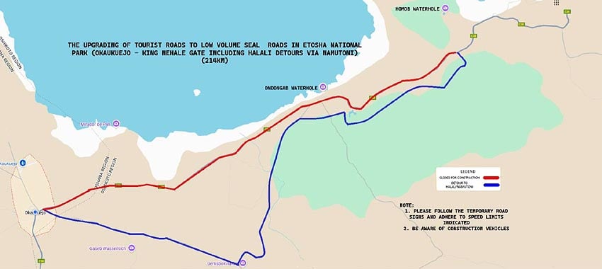 Extended detour (blue) from 1 February 2026, on the route between the Okaukuejo and Halali rest camps in Etosha National Park in northern Namibia. The closed section of the main road is marked red. Map: Ministry of Environment, Forestry and Tourism (MEFT)