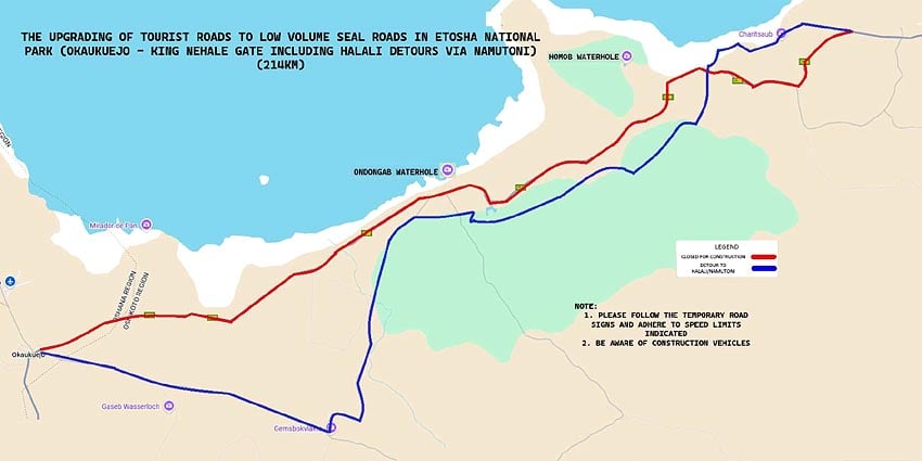Extended detour (blue) from 26 February 2026, on the route between the Okaukuejo and Halali rest camps in Etosha National Park in northern Namibia. The closed section of the main road is marked red. Map: Ministry of Environment, Forestry and Tourism (MEFT)