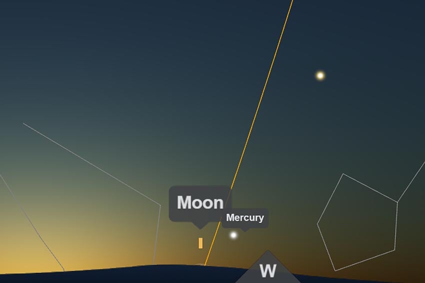 Rendezvous Moon Mercury at dusk Saturn further up northwest watching evening sky 18 February 8:00 p.m. seen from Windhoek looking west Image Screenshot from interactive star chart TimeAndDate.com