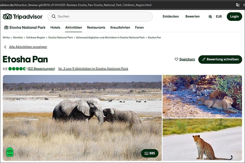 4.5 out of 5 stars on TripAdvisor review portal Visitors highly satisfied with experiences in Etosha National Park Photo Screenshot Etosha page on TripAdvisor
