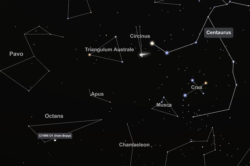 Two comets C/2025 A6 Lemmon C/1995 O1 Hale-Bopp two stars constellation Centaurus that form Pointer Southern Cross morning sky 16 March 2026 5:30 a.m. seen from Windhoek looking south Image Screenshot interactive celestial map TimeAndDate.com