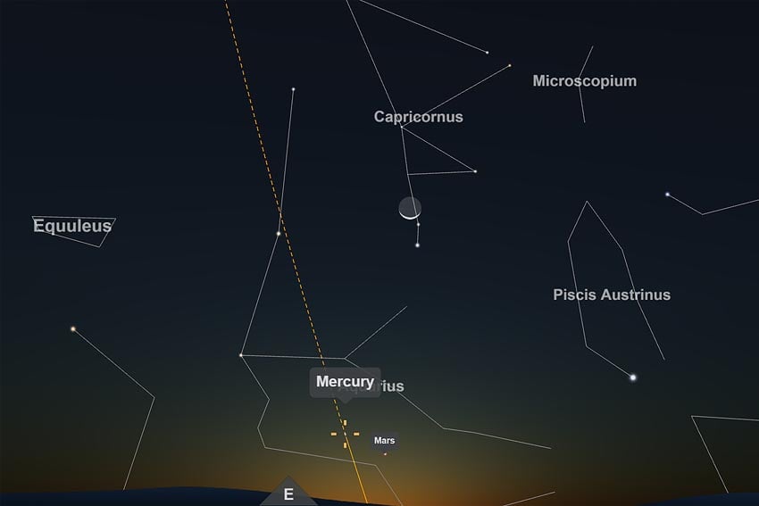 Mercury Mars constellation Aquarius thin crescent waning moon constellation Capricorn morning sky 16 March 2026 6:15 a.m. seen from Windhoek looking east Image Screenshot interactive celestial map TimeAndDate.com