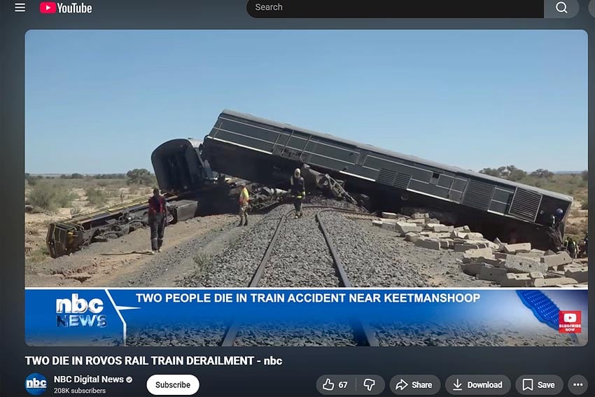 Derailed carriages South African Rovos Rail luxury train south of Keetmanshoop, Namibia Photo Screenshot video report Namibian state broadcaster NBC