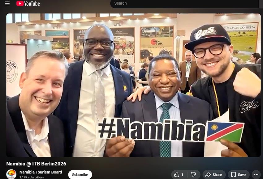 'Team Namibia' at ITB Berlin Matthias Lemcke NTB Director Europe Sebulon Chicalu NTB CEO Jeroboam Kakeke 'JKS' Shaanika Ambassador Namibia to Germany Namibian musician Eric EES Sell Photo Screenshot NTB's short video about ITB on YouTube