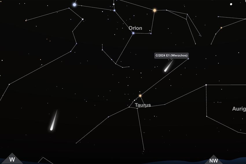 Comets C/2026 A1 (MAPS) and C/2024 E1 (Wierzchos) near prominent constellations Taurus and Orion Depiction of night sky over Windhoek 15 April 2026 8:00 PM looking west-northwest Image Screenshot from TimeAndDate.com