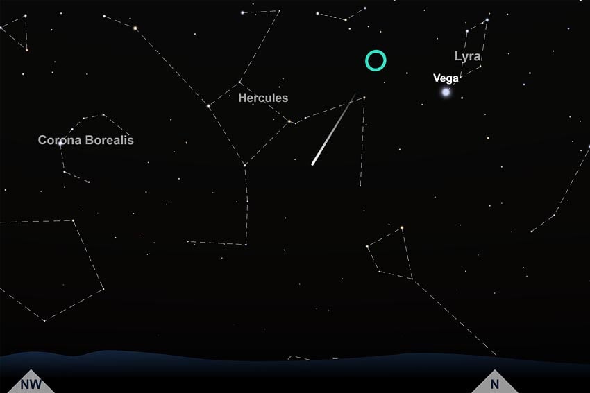 radiant of Lyrid meteor shower area from which shooting stars appear located near constellation Lyra you can easily find it via its bright star Vega depiction of night sky over Windhoek 23 April 2026 5:30 a.m. looking north Image Screenshot from TimeAndDate.com
