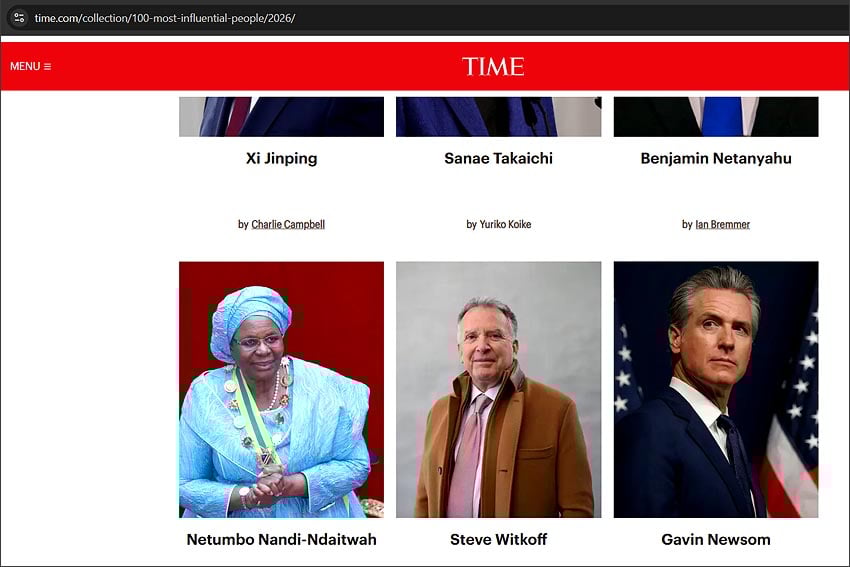 Three of Time magazine's 24 top leaders Namibia's President Netumbo Nandi-Ndaitwah next to US Special Envoy Steve Witkoff California Governor Gavin Newsom Photo Screenshot from Time.com