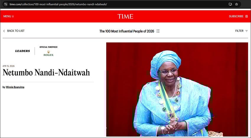 Selected by Time magazine one of 100 most influential people of 2026 Namibia's President Netumbo Nandi-Ndaitwah Photo Screenshot from Time.com