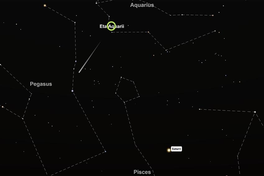 Center Eta Aquariid meteor shower high above Saturn morning sky on 6 May 2026 at 5:30 am as seen from Windhoek looking east-northeast Image Screenshot from interactive star chart on TimeAndDate.com