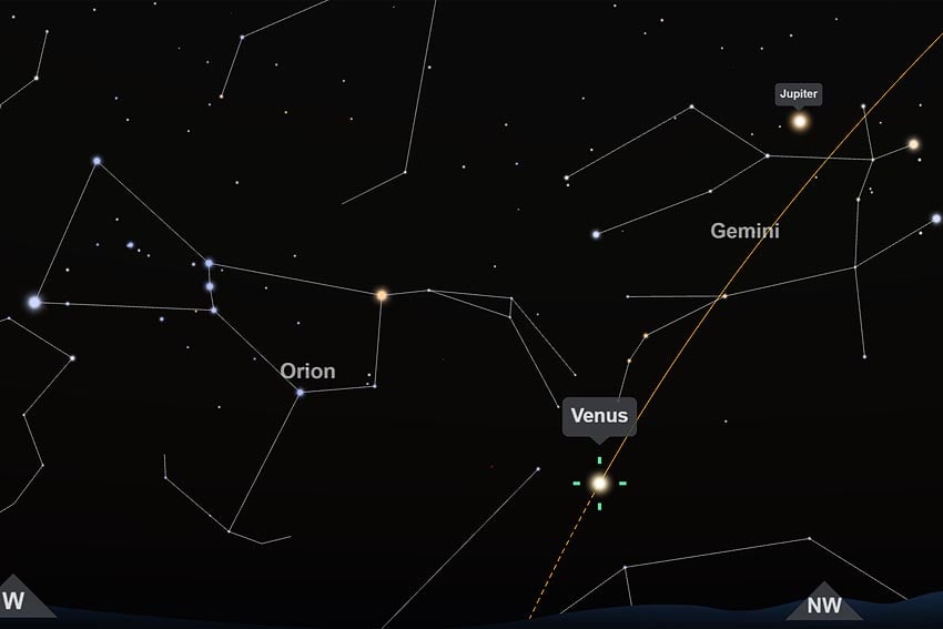 planets Venus Jupiter constellations Gemini Orion evening sky on 15 May 2026 at 7:30 pm as seen from Windhoek looking west-northwest Image Screenshot from interactive star chart on TimeAndDate.com