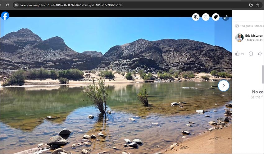 26-05-15 Fish River flowing upstream Ai Ais - FB Eric McLaren 26-05-01 screenshot 850 x 496