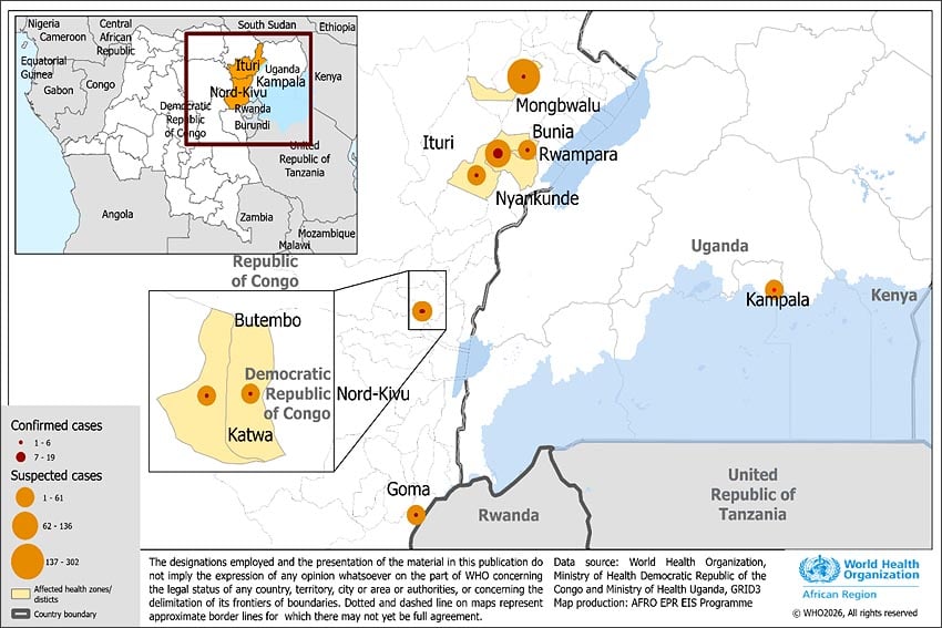 Map Ebola cases eastern DRC and Uganda as of 18 May 2026 Source WHO