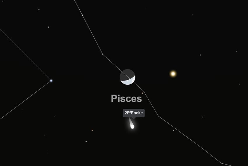Fleeting encounter Moon Saturn Comet 2P/Encke easily visible with telescope morning sky 10 June 2026 6:00 a.m. seen from Windhoek looking northeast Image Screenshot interactive star chart TimeAndDate.com