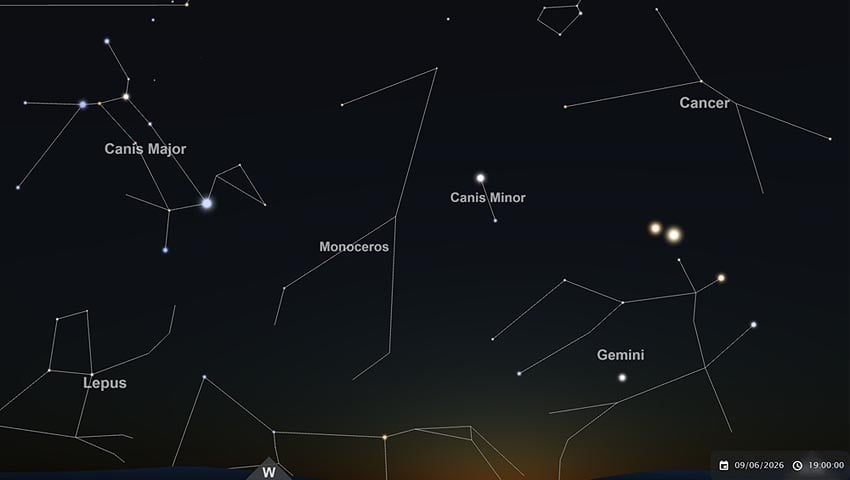 Divine rendezvous Jupiter Venus between constellations Gemini Cancer Mercury Pollux above Castor Sirius Canis Major Procyon Canis Minor evening sky 9 June 2026 7:00 p.m. seen from Windhoek looking west-northwest Image Screenshot from interactive star chart TimeAndDate.com