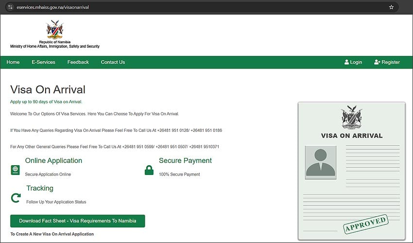 Facing hiccups since software update end of May website for applying for Namibian Visa on Arrival VoA Photo Screenshot Namibian immigration authority's website