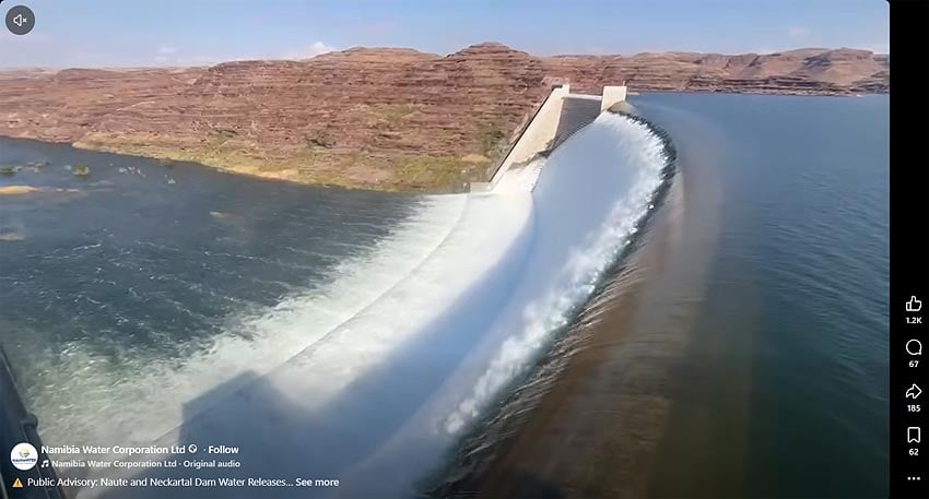 Winter rain causes flood surge Fish River causing Neckartal Dam to overflow Photo Screenshot from Facebook Reel of state-owned water supplier NamWater