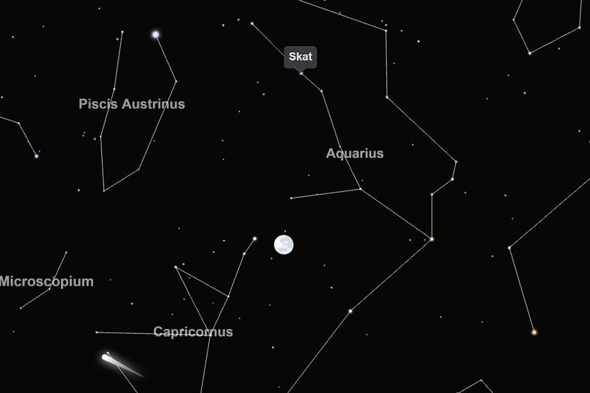 center of Southern Delta Aquariids near star system Skat in constellation Aquarius With binoculars you should also see Comet 10P/Tempel 2 in constellation Capricorn morning sky 31 July 2026 5:00 AM seen from Windhoek looking west Image Screenshot interactive star chart TimeAndDate.com