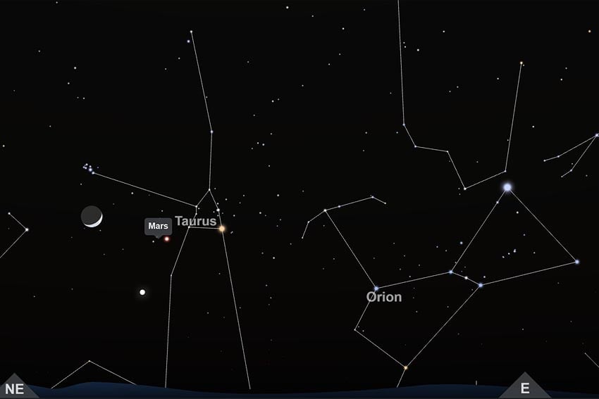 Moon meets Mars Taurus and Pleiades above crescent moon Orion are looking morning sky 11 July 2026 at 6:00 AM seen from Windhoek looking east-northeast Image Screenshot interactive star chart TimeAndDate.com