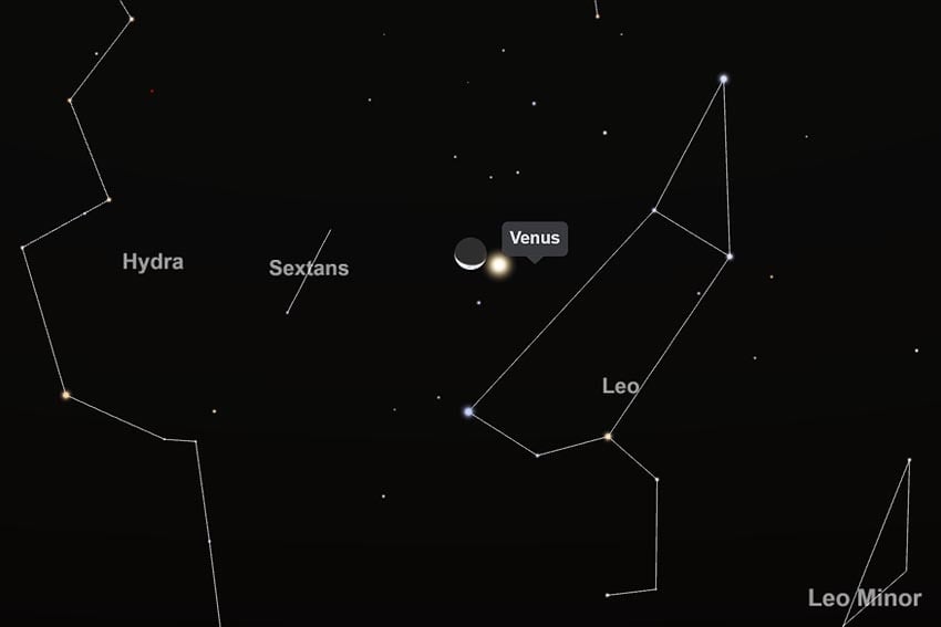 Moon meets Venus in constellation Leo evening sky 17 July 2026 at 8:00 PM seen from Windhoek looking west-northwest Image Screenshot interactive star chart TimeAndDate.com