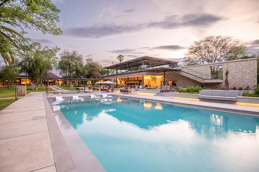 Classic charm preserved Swimming pool in the expansive garden of modernised Mokuti Etosha Lodge on eastern edge of Etosha National Park Photo O&amp;L Leisure