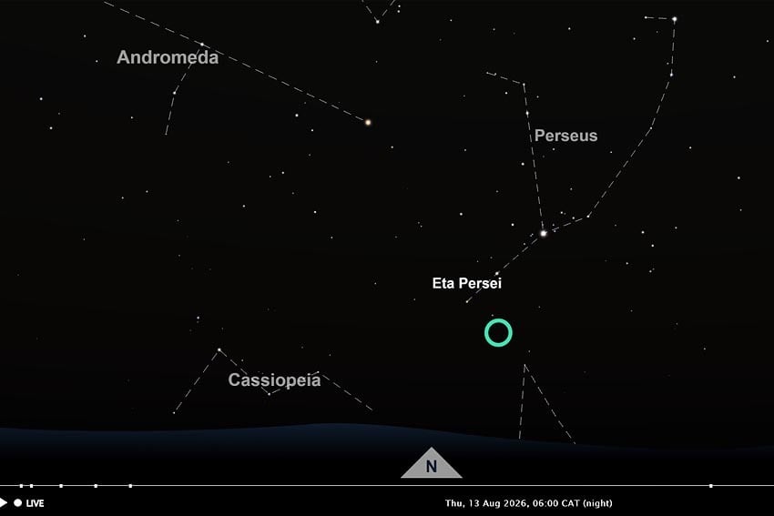 Centre of Perseid meteor shower under constellation Perseus at peak of its activity on 13 August morning sky at 6:00 a.m. as seen from Windhoek looking north-northeast Graphic Screenshot of interactive star chart on TimeAndDate.com