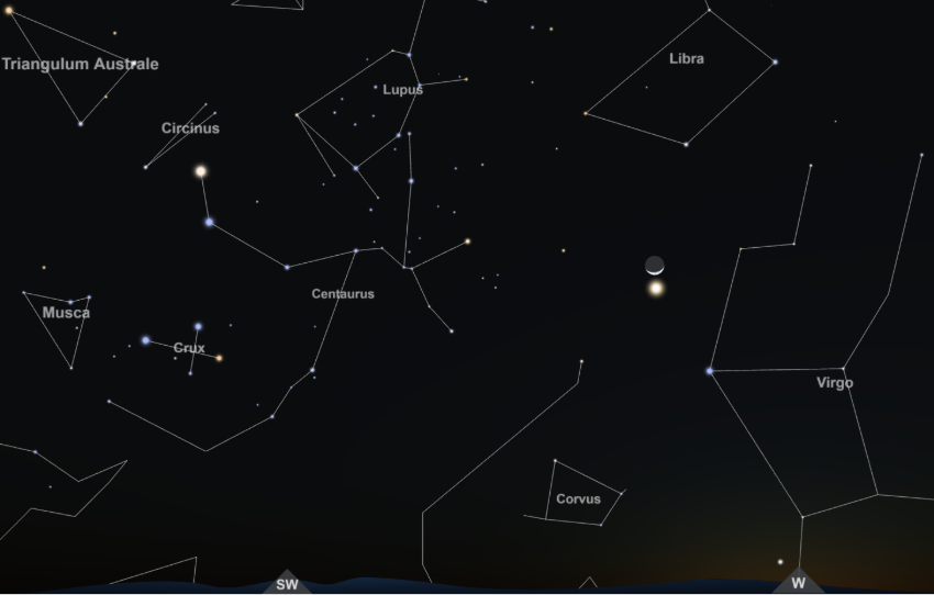 Moon embraces Venus on 14 September 2026 evening sky 7:30 PM as seen from Windhoek looking west-southwest Graphic Screenshot from interactive star chart on TimeAndDate.com