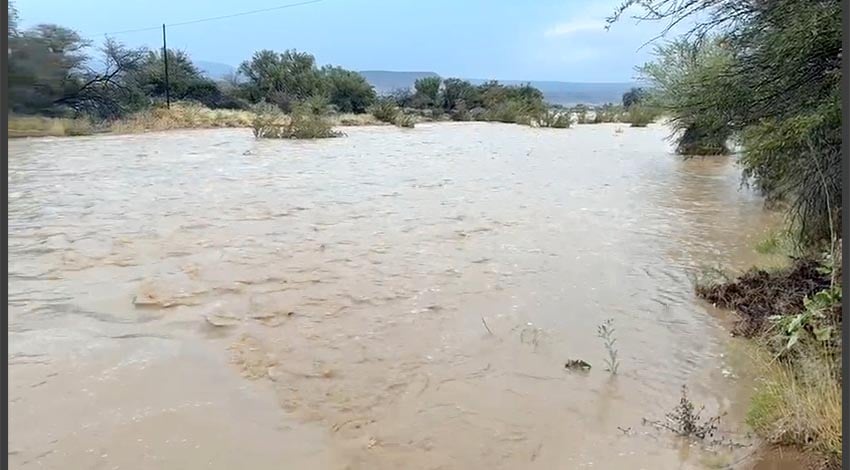 Late winter rain in southern Namibia has set riviere (ephemeral rivers) flowing such as Tsauchab shown here which ends at Sossusvlei Photo Screenshot from video clip widely shared on WhatsApp