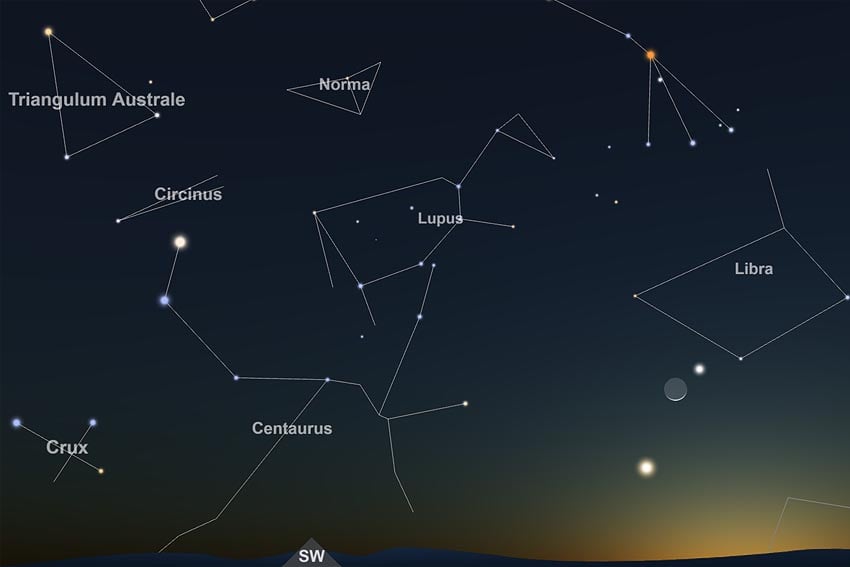 double date waxing moon Mercury Venus Southern Cross Crux constellation Centaurus bright star Alpha Centauri Moon Mercury pincers Scorpion Scorpio reddish star Antares evening sky 12 October 2026 7:30 PM viewed Windhoek looking west-southwest Graphic Screenshot interactive star map TimeAndDate.com