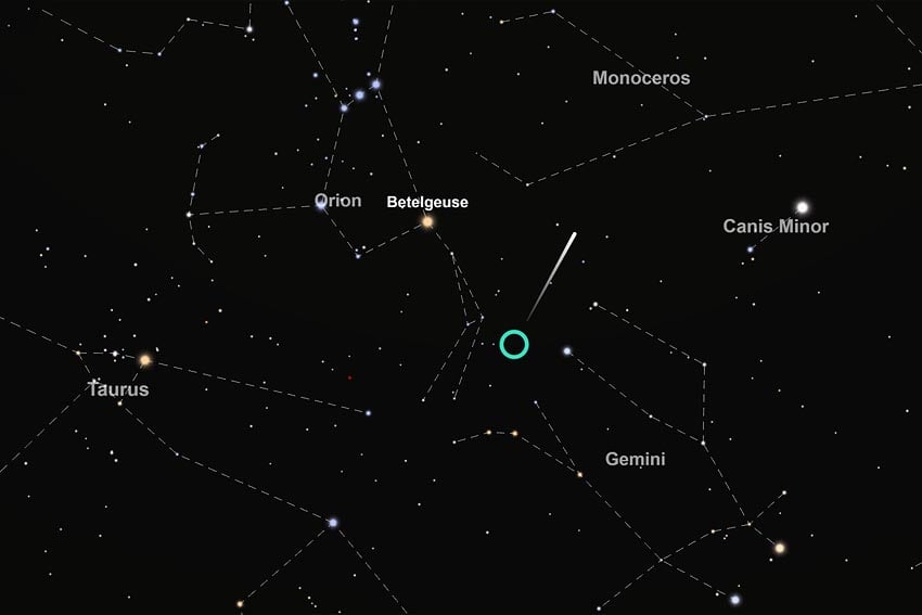 Radiant centre point Orionids meteor shower between constellations Orion Gemini Taurus with reddish eye Aldebaran Canis Minor Lesser Dog with major star Procyon morning sky on 22 October 2026 at 5:00 AM viewed from Windhoek looking north Graphic Screenshot star map TimeAndDate.com