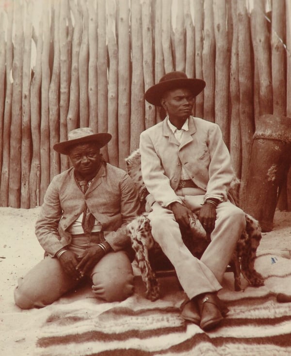 Nehale lyaMpingana (right), who ruled over eastern Ondonga from 1885 to 1908, with Shivute shaNdjongolo, one of his senior councillors.