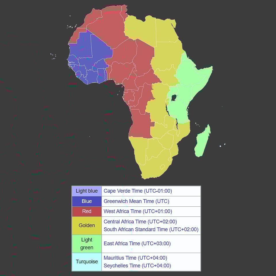 Time Zones Africa map & key - duxkgh wikipedia 24-03 background 960 x 960.svg